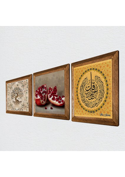 Nas Suresi, Hayat Ağacı, Nar Taş Duvar Tablosu Ahşap Çerçeveli Duvar Dekoru 3 Parça Tablo Seti Wall Art W3-949