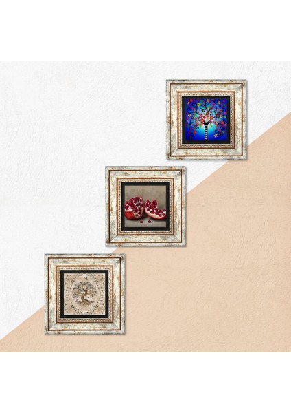 Stone Hayat Ağacı, Nar Çerçeveli Taş Duvar Tablosu 3’lü Set - Dekoratif Modern Sanat, Ev ve Ofis Dekoru |TK3-909| indirimleri