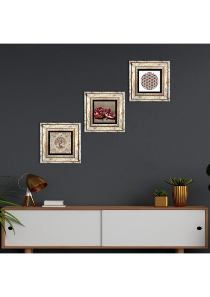 Yaşam Çiçeği, Hayat Ağacı, Nar Taş Duvar Tablosu Çerçeveli Duvar Dekoru 3 Parça Tablo Seti Wall Art T3-925