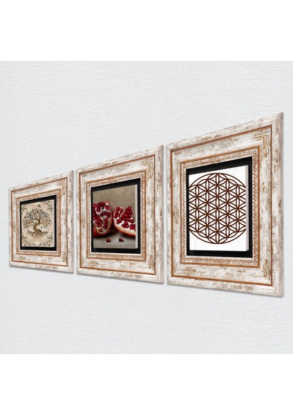 Yaşam Çiçeği, Hayat Ağacı, Nar Taş Duvar Tablosu Çerçeveli Duvar Dekoru 3 Parça Tablo Seti Wall Art T3-925