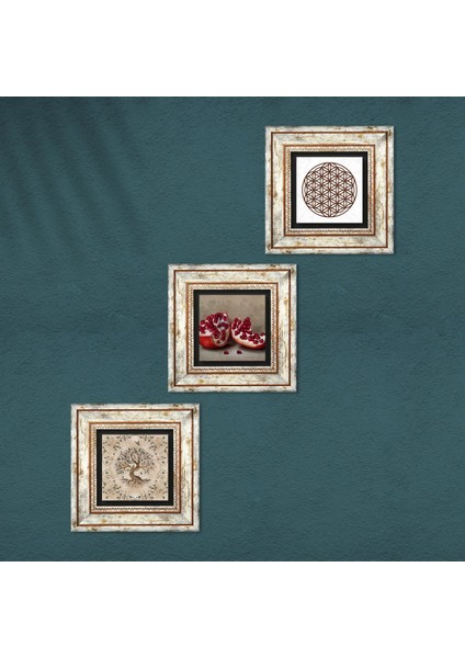 Yaşam Çiçeği, Hayat Ağacı, Nar Taş Duvar Tablosu Çerçeveli Duvar Dekoru 3 Parça Tablo Seti Wall Art T3-925