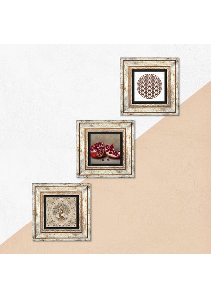 Yaşam Çiçeği, Hayat Ağacı, Nar Taş Duvar Tablosu Çerçeveli Duvar Dekoru 3 Parça Tablo Seti Wall Art T3-925
