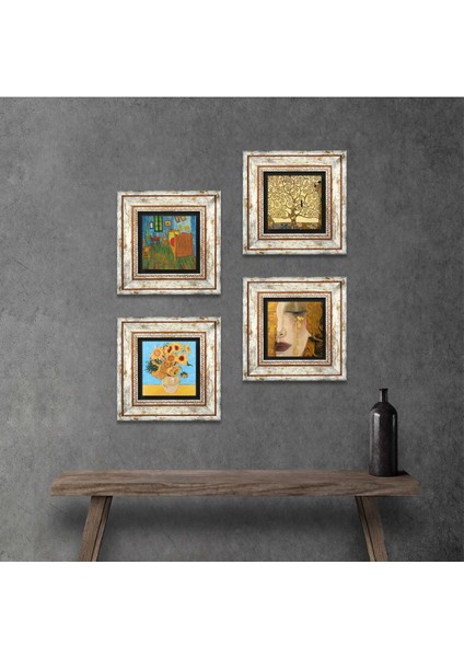 Van Gogh, Gustav Klimt Çerçeveli Taş Duvar Tablosu 4’lü Set - Dekoratif Modern Sanat, Ev ve Ofis Dekoru |TK4-684|