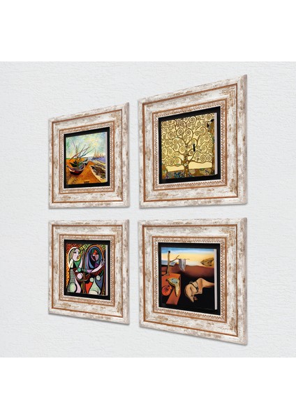 Salvador Dalí, Picasso, Van Gogh, Gustav Klimt Taş Duvar Tablosu Çerçeveli Duvar Dekoru 4 Parça Tablo Seti Wall Art T4-697