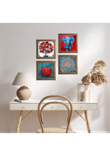 Fil, Yaşam Çiçeği, Nar Ağacı, Nar Taş Duvar Tablosu Ahşap Çerçeveli Duvar Dekoru 4 Parça Tablo Seti Wall Art W4-884