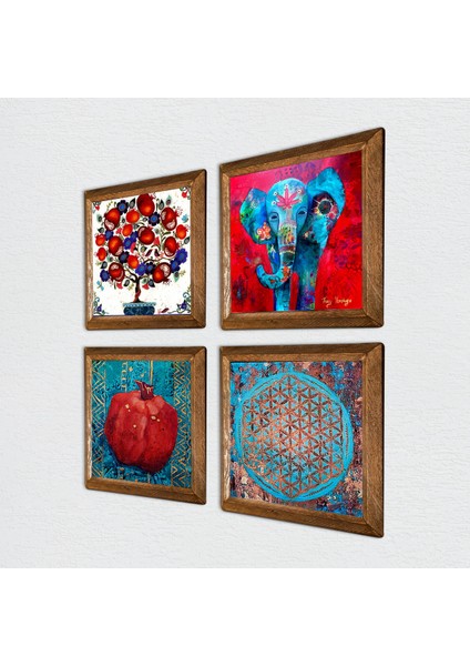 Fil, Yaşam Çiçeği, Nar Ağacı, Nar Taş Duvar Tablosu Ahşap Çerçeveli Duvar Dekoru 4 Parça Tablo Seti Wall Art W4-884