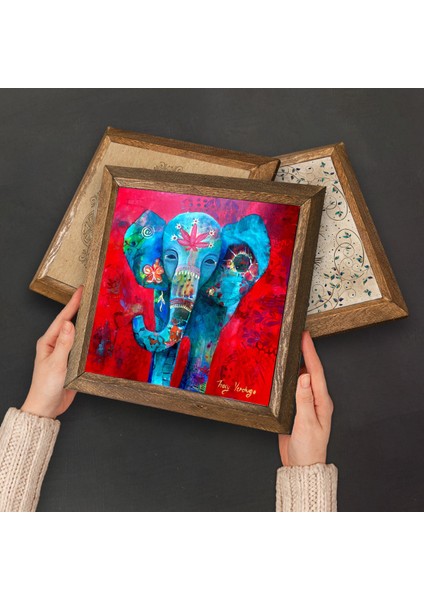 Fil, Yaşam Çiçeği, Nar Ağacı, Nar Taş Duvar Tablosu Ahşap Çerçeveli Duvar Dekoru 4 Parça Tablo Seti Wall Art W4-884