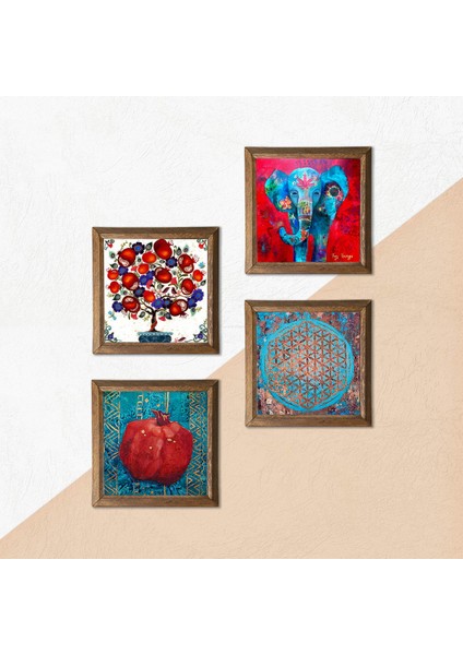 Fil, Yaşam Çiçeği, Nar Ağacı, Nar Taş Duvar Tablosu Ahşap Çerçeveli Duvar Dekoru 4 Parça Tablo Seti Wall Art W4-884
