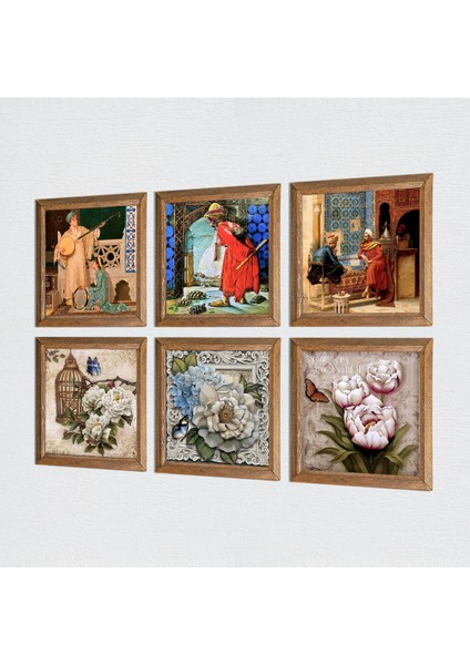 Kaplumbağa Terbiyecisi, İki Müzisyen Kız, Satranç, Kelebekli Çiçek Taş Duvar Tablosu Ahşap Çerçeveli Duvar Dekoru 6 Parça Tablo Seti Wall Art W6-53