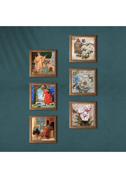 Kaplumbağa Terbiyecisi, İki Müzisyen Kız, Satranç, Kelebekli Çiçek Taş Duvar Tablosu Ahşap Çerçeveli Duvar Dekoru 6 Parça Tablo Seti Wall Art W6-53
