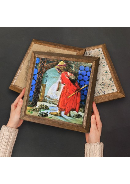 Kaplumbağa Terbiyecisi, İki Müzisyen Kız, Satranç, Kelebekli Çiçek Taş Duvar Tablosu Ahşap Çerçeveli Duvar Dekoru 6 Parça Tablo Seti Wall Art W6-53