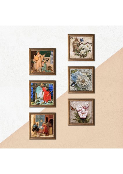 Kaplumbağa Terbiyecisi, İki Müzisyen Kız, Satranç, Kelebekli Çiçek Taş Duvar Tablosu Ahşap Çerçeveli Duvar Dekoru 6 Parça Tablo Seti Wall Art W6-53