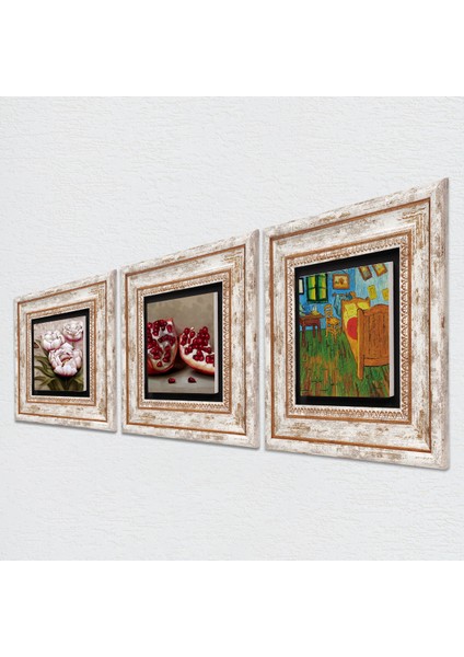Van Gogh Arles'teki Yatak Odası, Kelebekli Çiçek, Nar Taş Duvar Tablosu Çerçeveli Duvar Dekoru 3 Parça Tablo Seti Wall Art T3-1272 fiyatları