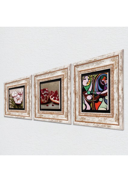Picasso Ayna Karşısındaki Kız, Kelebekli Çiçek, Nar Taş Duvar Tablosu Çerçeveli Duvar Dekoru 3 Parça Tablo Seti Wall Art T3-1275