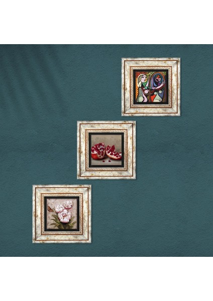 Picasso Ayna Karşısındaki Kız, Kelebekli Çiçek, Nar Taş Duvar Tablosu Çerçeveli Duvar Dekoru 3 Parça Tablo Seti Wall Art T3-1275