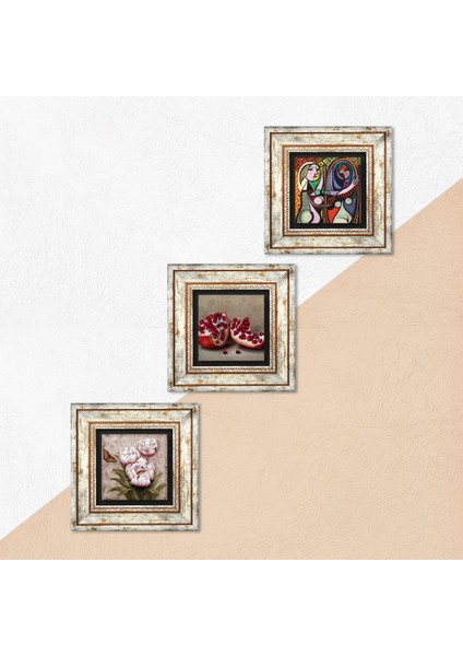 Picasso Ayna Karşısındaki Kız, Kelebekli Çiçek, Nar Taş Duvar Tablosu Çerçeveli Duvar Dekoru 3 Parça Tablo Seti Wall Art T3-1275