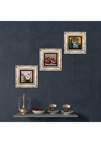 Picasso Ağlayan Kadın, Kelebekli Çiçek, Nar Taş Duvar Tablosu Çerçeveli Duvar Dekoru 3 Parça Tablo Seti Wall Art T3-1277