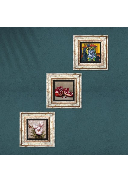 Picasso Ağlayan Kadın, Kelebekli Çiçek, Nar Taş Duvar Tablosu Çerçeveli Duvar Dekoru 3 Parça Tablo Seti Wall Art T3-1277