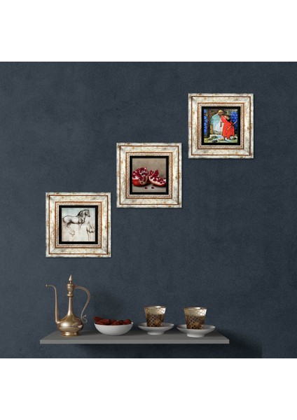 Kaplumbağa Terbiyecisi, Leonardo da Vinci At Heykeli, Nar Taş Duvar Tablosu Çerçeveli Duvar Dekoru 3 Parça Tablo Seti Wall Art T3-1285