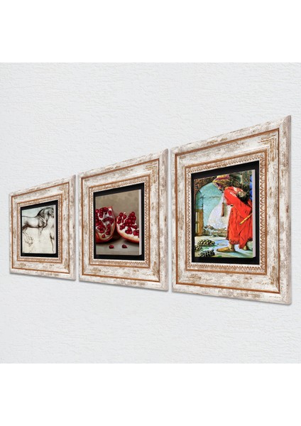 Kaplumbağa Terbiyecisi, Leonardo da Vinci At Heykeli, Nar Taş Duvar Tablosu Çerçeveli Duvar Dekoru 3 Parça Tablo Seti Wall Art T3-1285