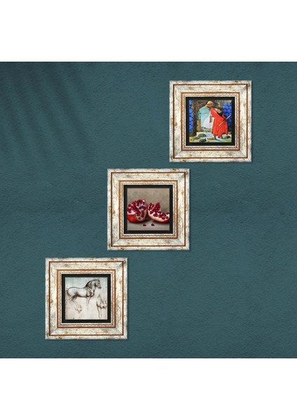 Kaplumbağa Terbiyecisi, Leonardo da Vinci At Heykeli, Nar Taş Duvar Tablosu Çerçeveli Duvar Dekoru 3 Parça Tablo Seti Wall Art T3-1285
