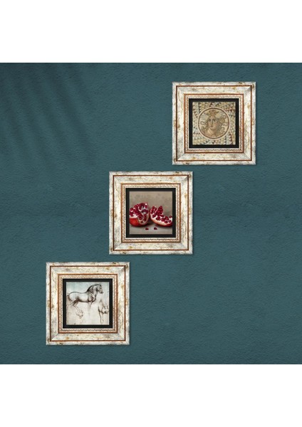 Mozaik Serisi, Leonardo da Vinci At Heykeli, Nar Taş Duvar Tablosu Çerçeveli Duvar Dekoru 3 Parça Tablo Seti Wall Art T3-1297
