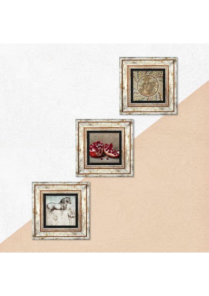 Mozaik Serisi, Leonardo da Vinci At Heykeli, Nar Taş Duvar Tablosu Çerçeveli Duvar Dekoru 3 Parça Tablo Seti Wall Art T3-1297