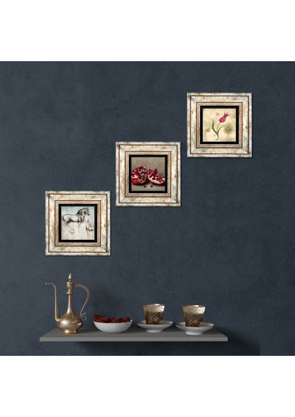 Lale Ebru Sanatı, Leonardo da Vinci At Heykeli, Nar Taş Duvar Tablosu Çerçeveli Duvar Dekoru 3 Parça Tablo Seti Wall Art T3-1307