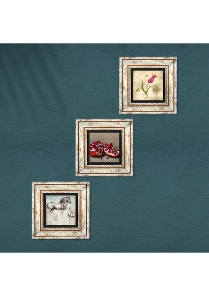 Lale Ebru Sanatı, Leonardo da Vinci At Heykeli, Nar Taş Duvar Tablosu Çerçeveli Duvar Dekoru 3 Parça Tablo Seti Wall Art T3-1307