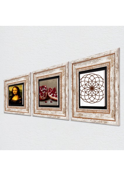 Yaşam Çiçeği, Leonardo da Vinci Mona Lisa, Nar Çerçeveli Taş Duvar Tablosu 3’lü Set - Dekoratif Modern Sanat, Ev ve Ofis Dekoru |TK3-1425| fiyatları