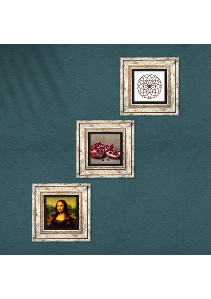 Yaşam Çiçeği, Leonardo da Vinci Mona Lisa, Nar Çerçeveli Taş Duvar Tablosu 3’lü Set - Dekoratif Modern Sanat, Ev ve Ofis Dekoru |TK3-1425| fırsatları