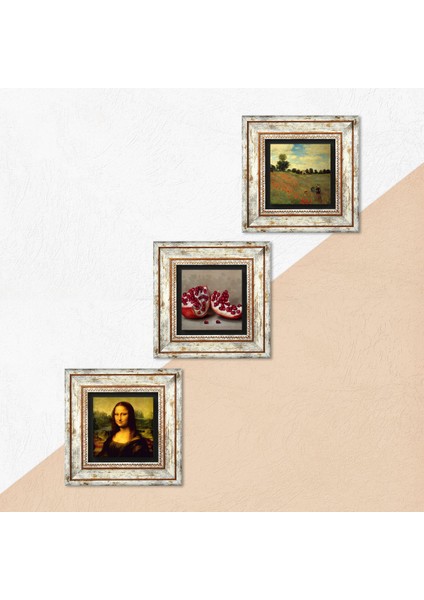 Claude Monet Gelincikler, Leonardo da Vinci Mona Lisa, Nar Çerçeveli Taş Duvar Tablosu 3’lü Set - Dekoratif Modern Sanat, Ev ve Ofis Dekoru |TK3-1443| indirimleri