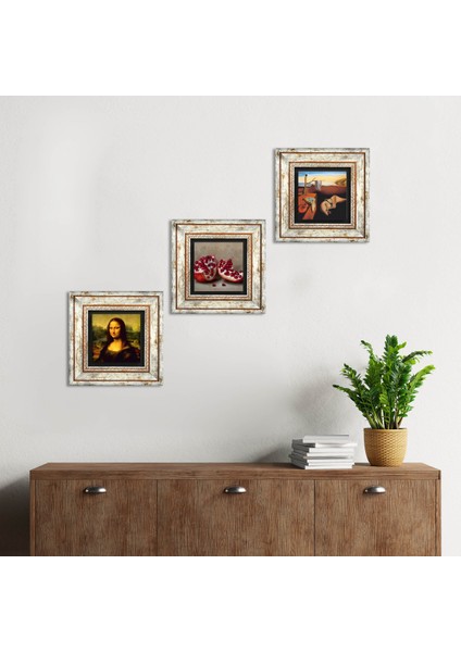 Salvador Dalí Belleğin Azmi, Da Vinci Mona Lisa, Nar Çerçeveli Taş Duvar Tablosu 3’lü Set - Dekoratif Modern Sanat, Ev ve Ofis Dekoru |TK3-1459|