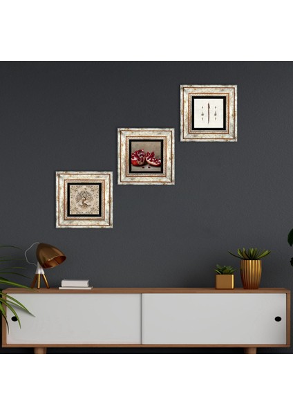 Elif, Hayat Ağacı, Nar Taş Duvar Tablosu Çerçeveli Duvar Dekoru 3 Parça Tablo Seti Wall Art T3-918