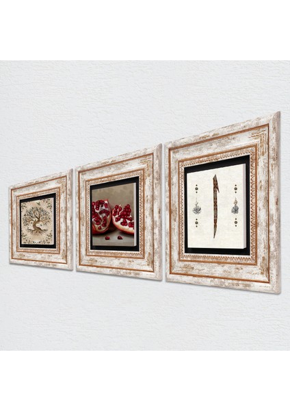 Elif, Hayat Ağacı, Nar Taş Duvar Tablosu Çerçeveli Duvar Dekoru 3 Parça Tablo Seti Wall Art T3-918