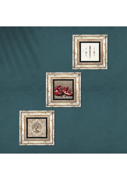 Elif, Hayat Ağacı, Nar Taş Duvar Tablosu Çerçeveli Duvar Dekoru 3 Parça Tablo Seti Wall Art T3-918