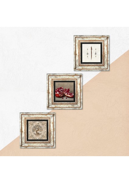 Elif, Hayat Ağacı, Nar Taş Duvar Tablosu Çerçeveli Duvar Dekoru 3 Parça Tablo Seti Wall Art T3-918