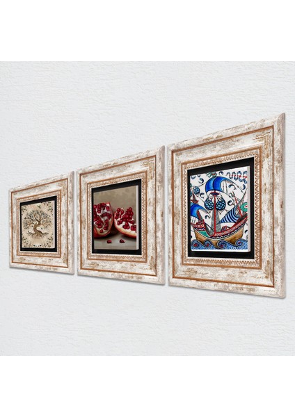 Çini Sanatı Yelkenli Gemi, Hayat Ağacı, Nar Çerçeveli Taş Duvar Tablosu 3’lü Set - Dekoratif Modern Sanat, Ev ve Ofis Dekoru |TK3-928| fiyatları