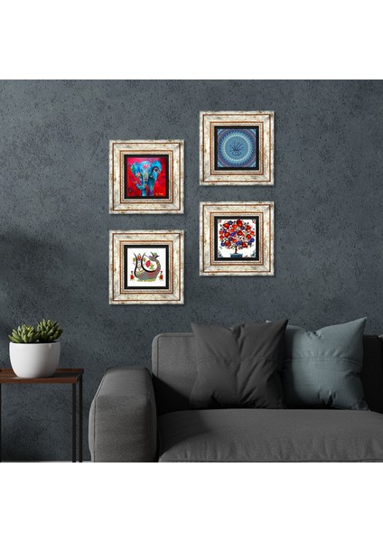 Fil, Nazar, Şahmeran, Nar Ağacı Taş Duvar Tablosu Çerçeveli Duvar Dekoru 4 Parça Tablo Seti Wall Art T4-54
