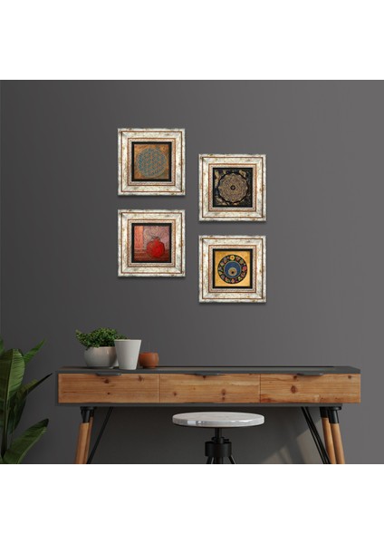 Yaşam Çiçeği, Sri Yantra, Nazar, Nar Taş Duvar Tablosu Çerçeveli Duvar Dekoru 4 Parça Tablo Seti Wall Art T4-542