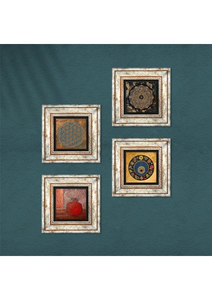 Yaşam Çiçeği, Sri Yantra, Nazar, Nar Taş Duvar Tablosu Çerçeveli Duvar Dekoru 4 Parça Tablo Seti Wall Art T4-542 fırsatları