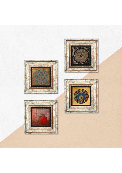 Yaşam Çiçeği, Sri Yantra, Nazar, Nar Taş Duvar Tablosu Çerçeveli Duvar Dekoru 4 Parça Tablo Seti Wall Art T4-542 indirimleri