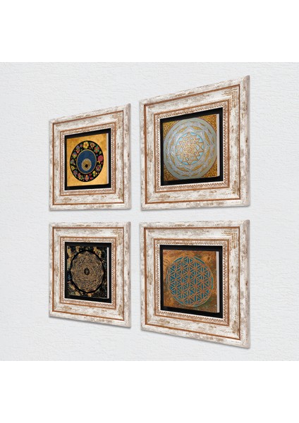 Yaşam Çiçeği, Sri Yantra, Nazar Taş Duvar Tablosu Çerçeveli Duvar Dekoru 4 Parça Tablo Seti Wall Art T4-548