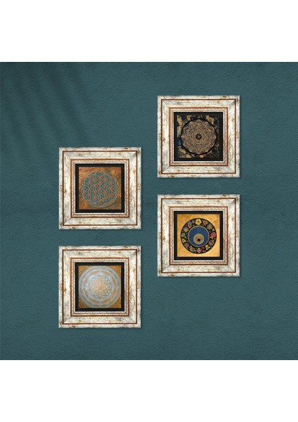 Yaşam Çiçeği, Sri Yantra, Nazar Taş Duvar Tablosu Çerçeveli Duvar Dekoru 4 Parça Tablo Seti Wall Art T4-548