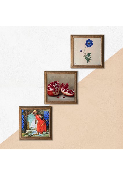 Ebru Sanatı, Kaplumbağa Terbiyecisi, Nar Taş Duvar Tablosu Ahşap Çerçeveli Duvar Dekoru 3 Parça Tablo Seti Wall Art W3-1540