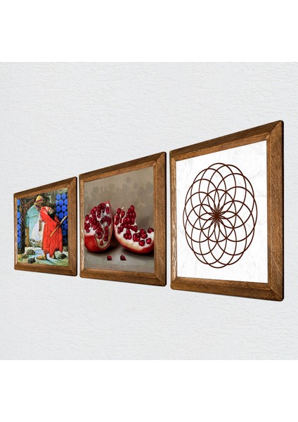 Yaşam Çiçeği, Kaplumbağa Terbiyecisi, Nar Taş Duvar Tablosu Ahşap Çerçeveli Duvar Dekoru 3 Parça Tablo Seti Wall Art W3-1545 fiyatları