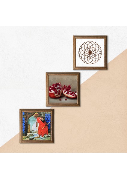 Yaşam Çiçeği, Kaplumbağa Terbiyecisi, Nar Taş Duvar Tablosu Ahşap Çerçeveli Duvar Dekoru 3 Parça Tablo Seti Wall Art W3-1545 indirimleri
