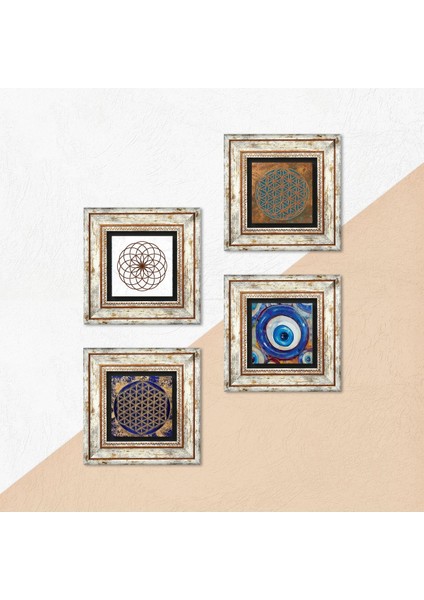 Nazar, Yaşam Çiçeği Çerçeveli Taş Duvar Tablosu 4’lü Set - Dekoratif Modern Sanat, Ev ve Ofis Dekoru |TK4-1596| indirimleri