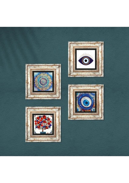 Nazar, Mandala, Nar Ağacı Taş Duvar Tablosu Çerçeveli Duvar Dekoru 4 Parça Tablo Seti Wall Art T4-1608 fırsatları
