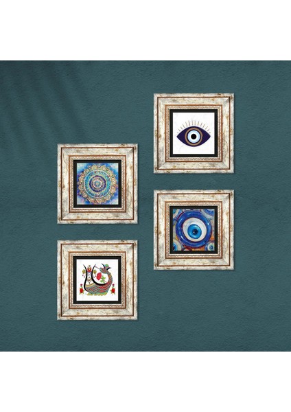 Stone Nazar, Mandala, Şahmeran Çerçeveli Taş Duvar Tablosu 4’lü Set - Dekoratif Modern Sanat, Ev ve Ofis Dekoru |TK4-1613| fırsatları